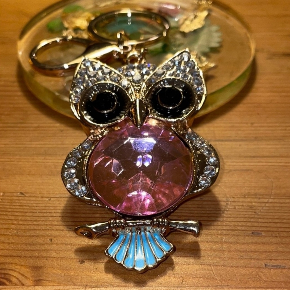 OWL GOLDTONE KEYCHAIN WITH PINK GEM 🩷 🦉